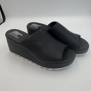 Sorel Womens Size 8 Cameron Wedge Black White Mule Sandals Shoes